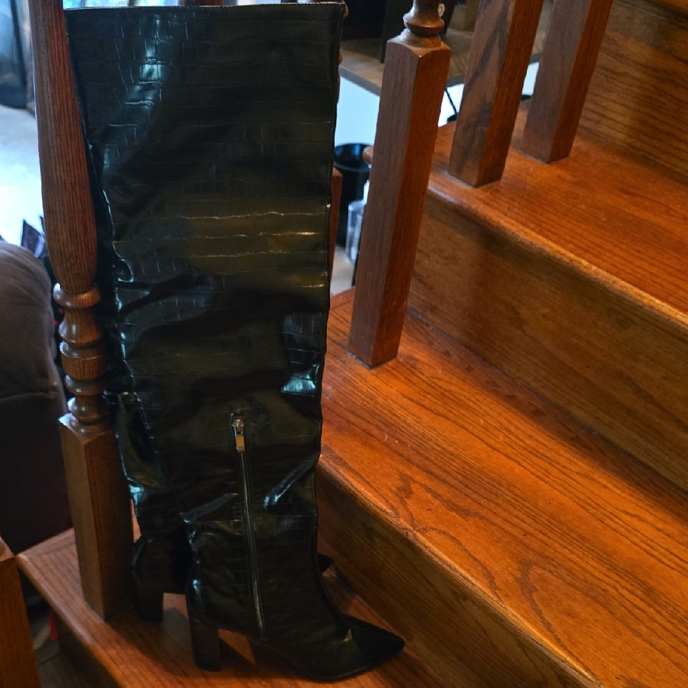 Black Boohoo Embossed Knee-High Boots